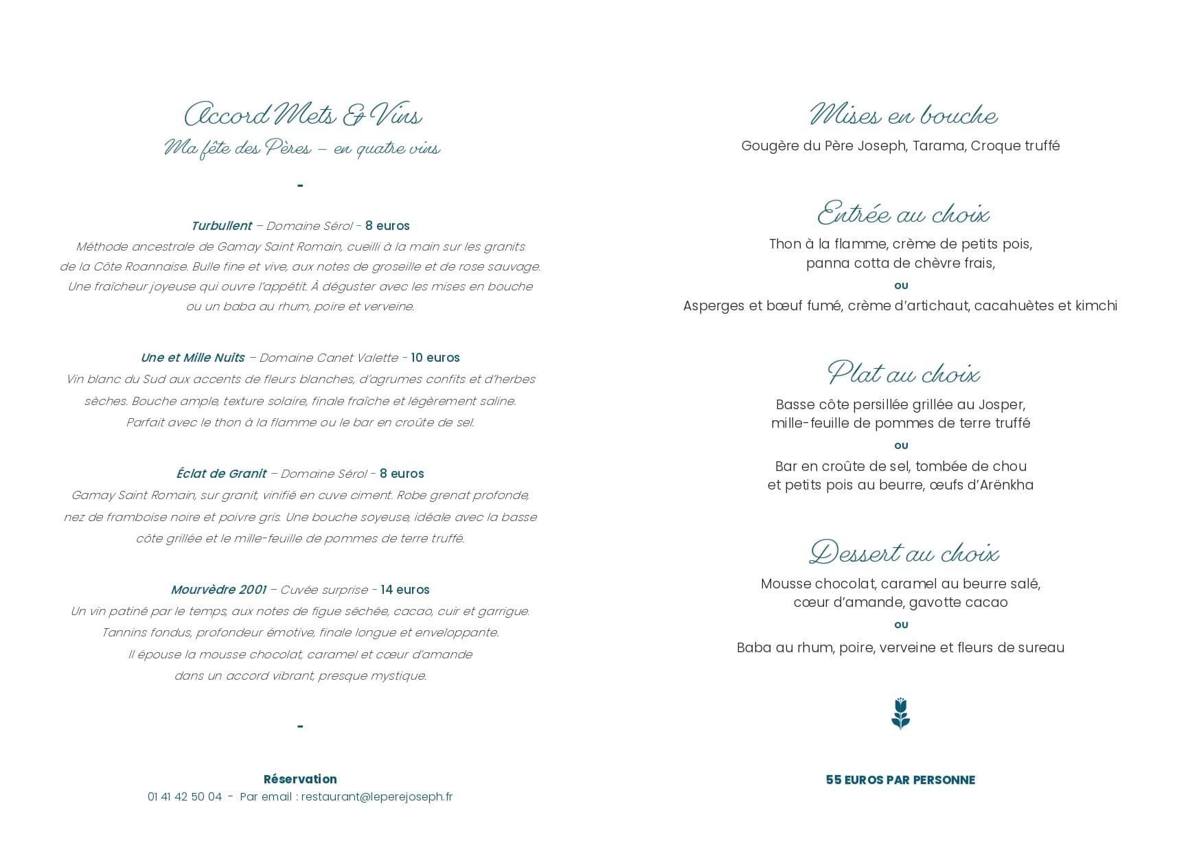 Menu Fête des pères à Rueil-Malmaison Père Joseph 2025